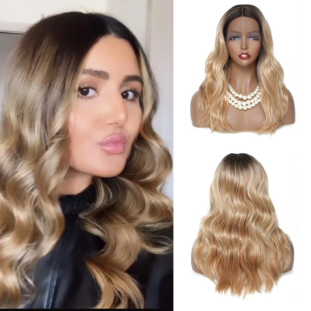 

SOKU Middle Part Lace Wigs Synthetic Wig Ombre Blonde Brown Color 18 Inches Long Body Wave Wavy Hair For Black Women Daily Party