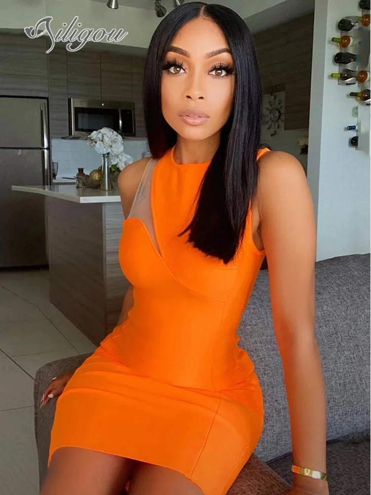 Ailigou женское летнее сексуальное Сетчатое платье без рукавов оранжевое
