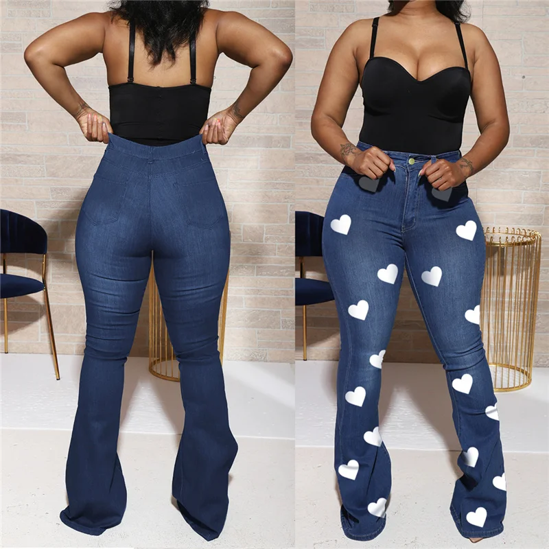

Женские джинсовые брюки с принтом сердечек, повседневные облегающие джинсовые брюки с высокой талией, модные однотонные брюки-клеш на пуго...
