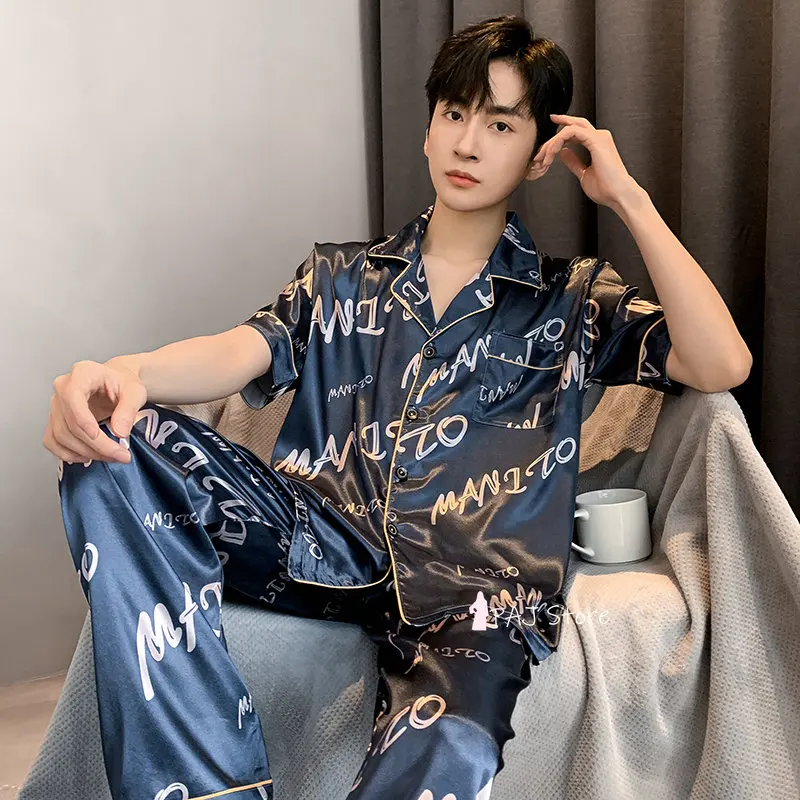 Men Sleepwear Silk Satin Pijama Set Pajama Sets Short Sleeve Sleep Home Clothes Man 2 Pieces Sets Home Suits Pyjamas L-5XL