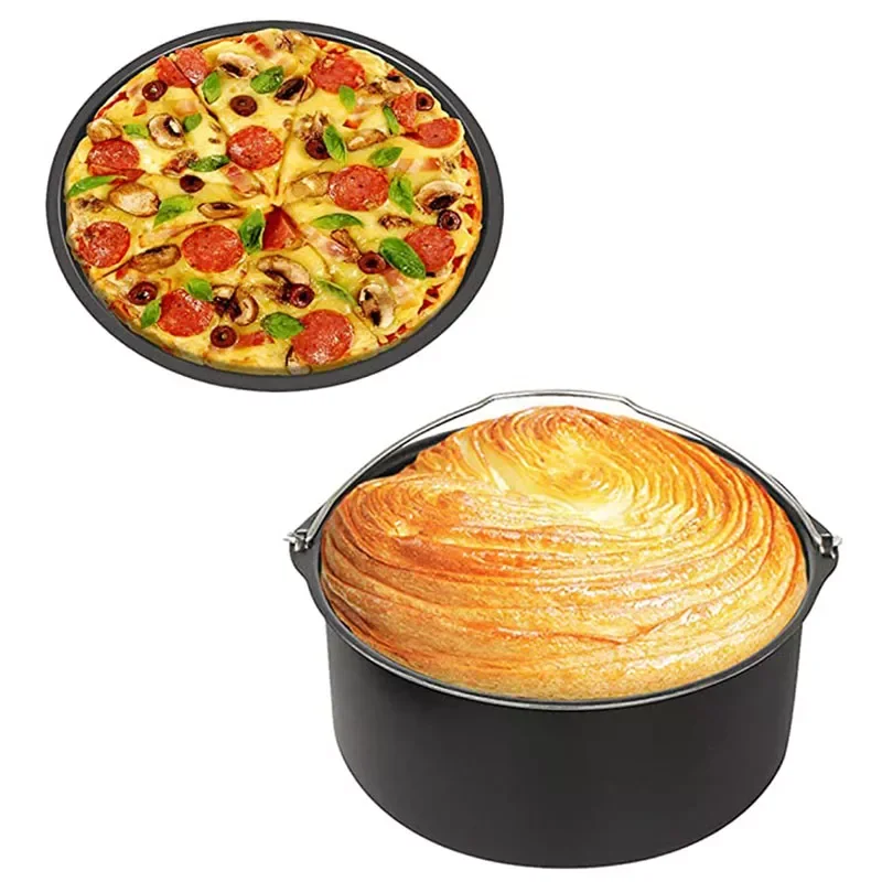 

Air Fryer Accessories 7/8 Inch Cake Barrel Pizza Pan Fit for All 4.2QT - 5.8 QT Standard Deep Fryers Non-stick Backing Black Set