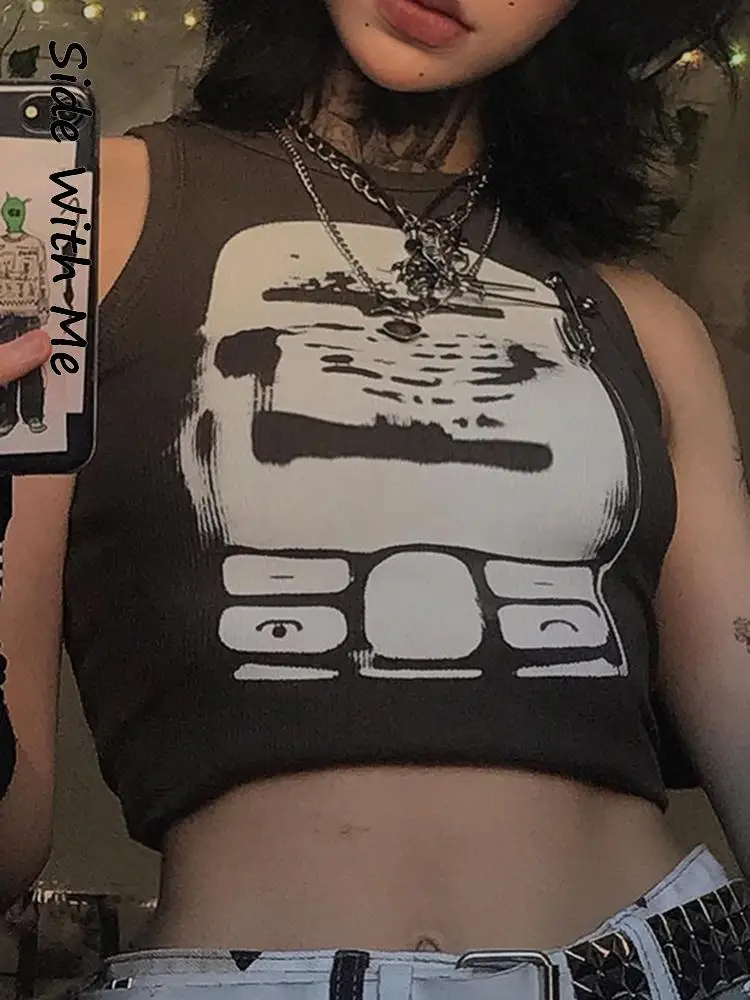 

Женский укороченный корсет с принтом Side with Me, коричневая майка без рукавов с круглым вырезом в стиле Харадзюку, Повседневные Вечерние Клубн...