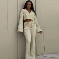 sylph ribbed solid polo neck buttons long flare sleeves crop top slit flare pants 2 pieces set autumn streetwear outfit y2k