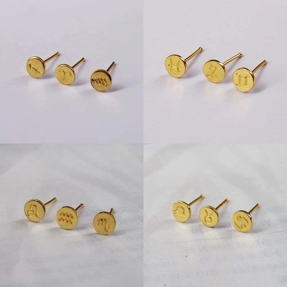 

One Pair Pure 999 24K Yellow Gold Women Men Earrings The Zodiac Round Stud Earrings 1-1.2g