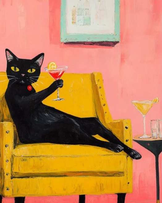 

Веселый Черный Кот Коктейль Холст Картина Набор Розовый Фон Элегантный Черный Кот Холдинг Мартини Художественные Плакаты Гостиная Домашний Декор