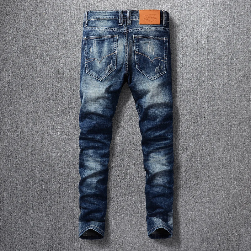 Fashion Designer Men Jeans Retro Dark Blue Elastic Slim Ripped Jeans Men Casual Trousers Embroidery Vintage Denim Pants Hombre