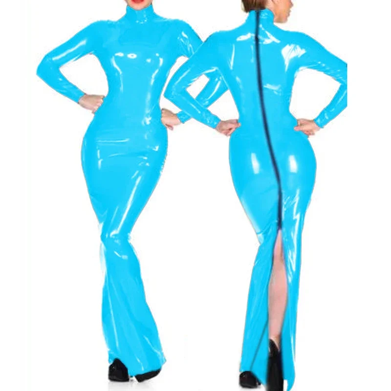 Женское платье-футляр из ПВХ с высоким воротником и молнией сзади