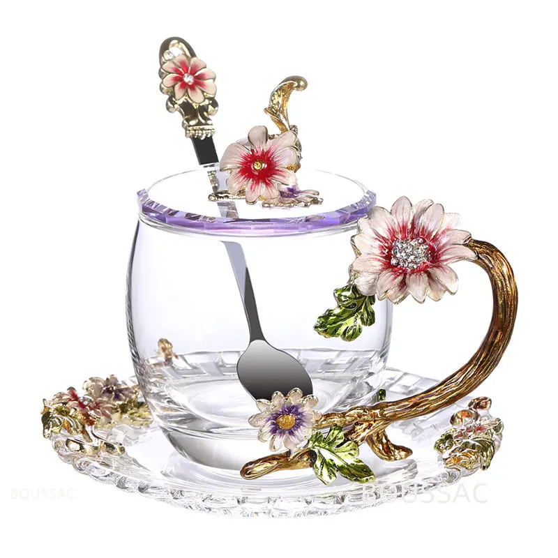 

High Quality Enamel Transparent Glass Mug Coffee Tea Mugs Red Flower Heat Resistant Cup Set with Stainless Steel Spoon Coaster