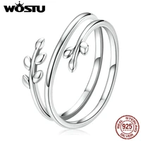 wostu 2021 925 sterling sliver adjustable authentic multi layer leaf open size rings for women female original jewelry cqr755