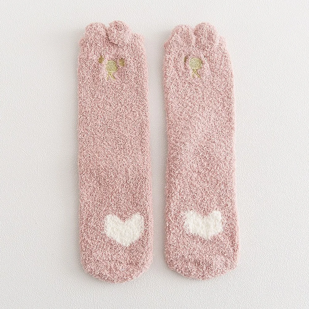 5 Pairs Comfortable Soft Coral Fleece Women Socks Love Cat Paw Print Mid-tube Warm Cartoon Thickening Sleeping Socks