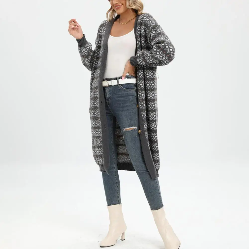 

Вязаная куртка, однобортное зимнее пальто, Женский Длинный свитер с принтом в этническом стиле, куртка, пальто