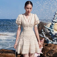 vietnamese minority designer spring 2022 lace bubble sleeve waist closing french short sleeve dress elegantes garment vintage