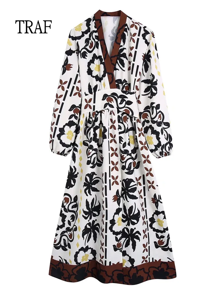 

TRAF Women Dresses 2022 Summer Vintage Print Belt Midi Dress Woman Long Sleeve Wrap Retro Dress Summer Maxi Dresses For Women