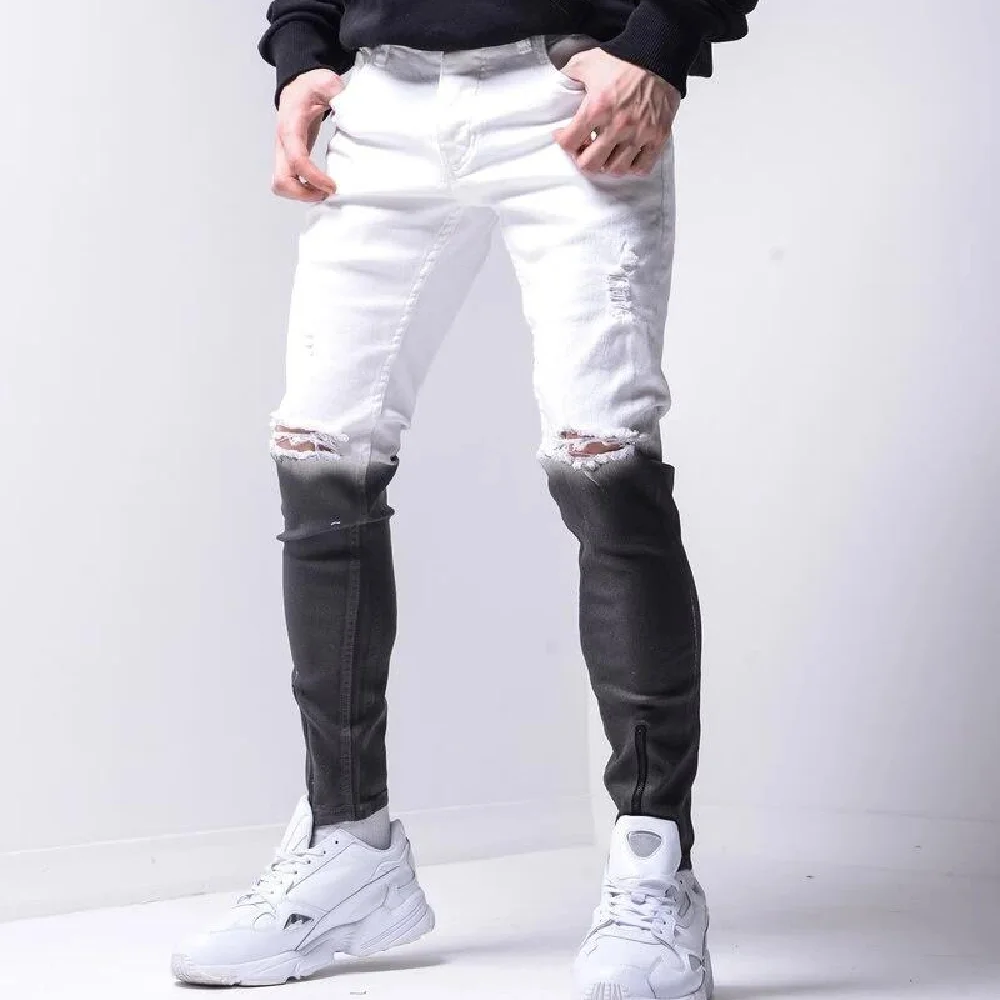

Men's Stretch Ripped Jeans Skinny Biker Black and White 2 Colors Jeans Ripped Slim Jeans Scratched High Quality Jeans