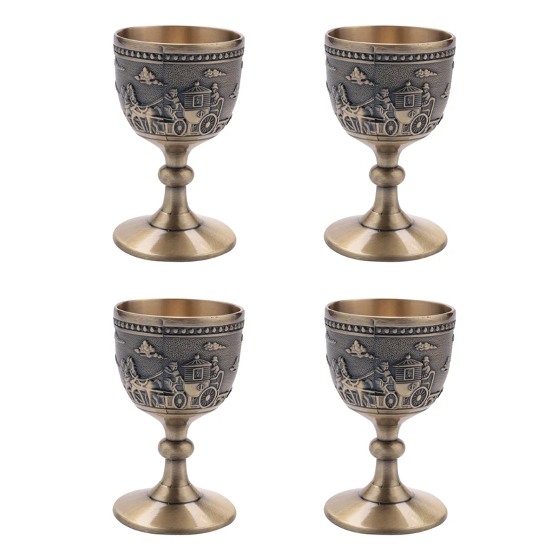 

4X Classical Metal Wine Cup Handmade Small Goblet Household Copper Wine Glass Carving Pattern