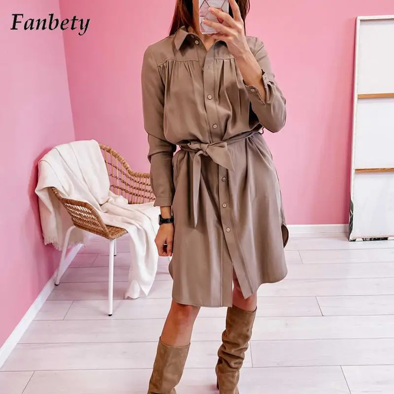 

Женское модное однотонное платье-трапеция с отложным воротником, Осеннее повседневное однобортное платье-рубашка с длинным рукавом, женск...