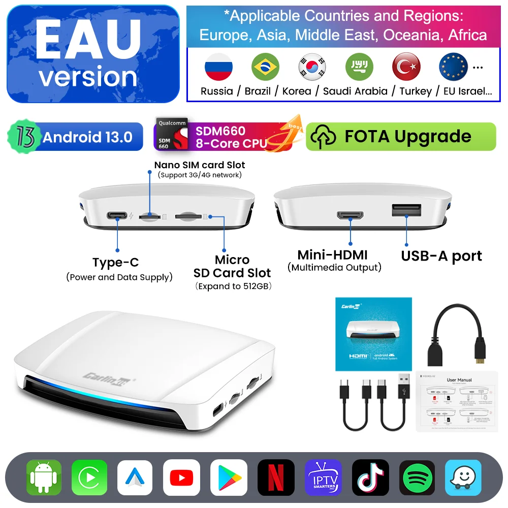 

Carlinkit UHD SDM660 Android 13 Ai Box CarPlay Android Auto Беспроводной выход HDMI Поддержка Netflix YouTube IPTV HBO Max Spotify