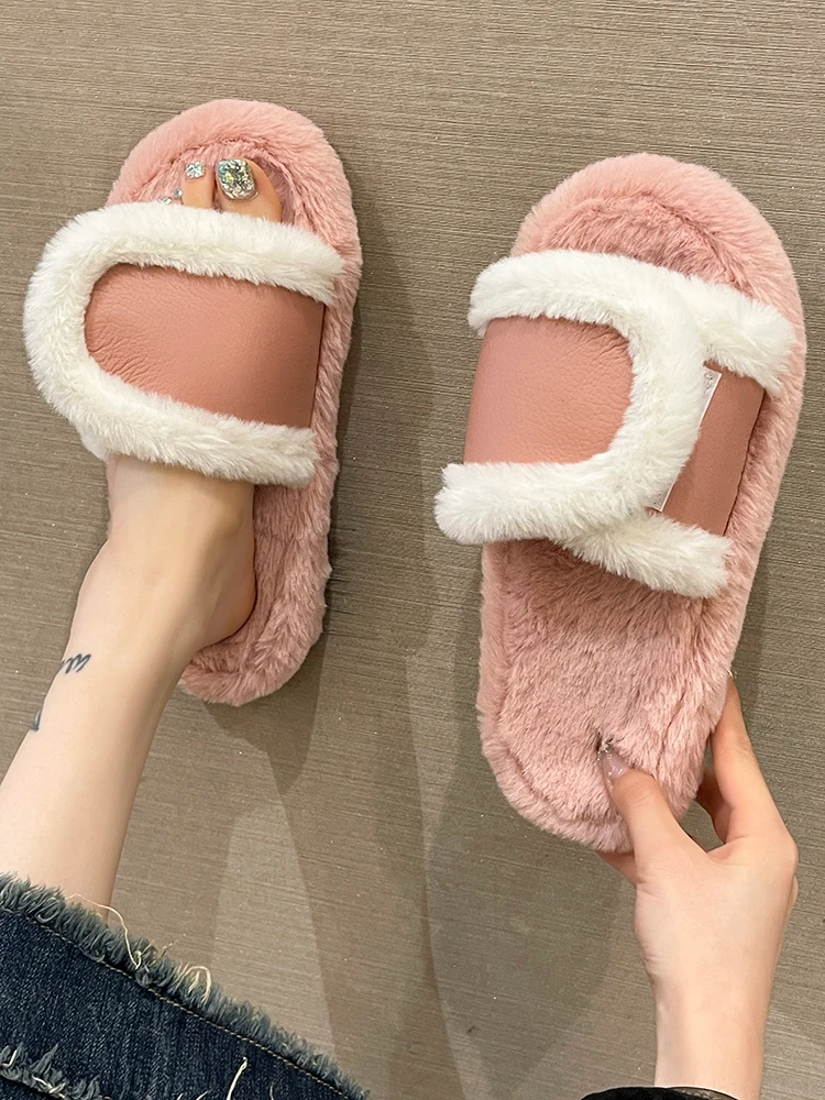 

Shoes Woman 2023 Low Massage Slippers Fur Flip Flops Luxury Slides Winter Footwear Pantofle Flock House Plush Designer New Rubbe