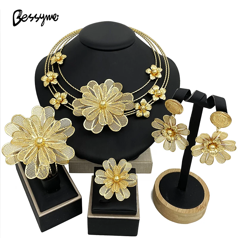 

Unique Women Jewelry Sets Luxury Design Wedding Party Accessories 18K Gold Plated Necklace Earrings Ring Bracelet Set Jewelry