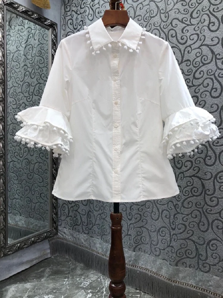 

100%Cotton Shirts 2023 Summer Fashion White Shirt Ladies Turn-down Collar Tassel Lace Deco Flare Sleeve Casual Button Shirts