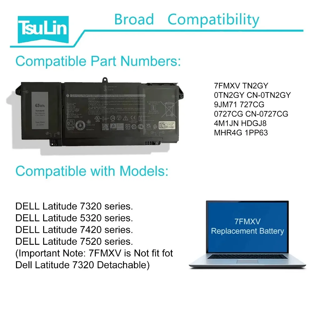 Замена 4-элементной батареи 6 Втч 7FMXV для Dell Latitude 7420 7520 5320 7320 2-в-1/7320 2-в-1/7420 серии 2-в-1