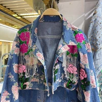 heavy sequins colours flower denim jacket women personalized fashion tassel crop top spring 2022 new