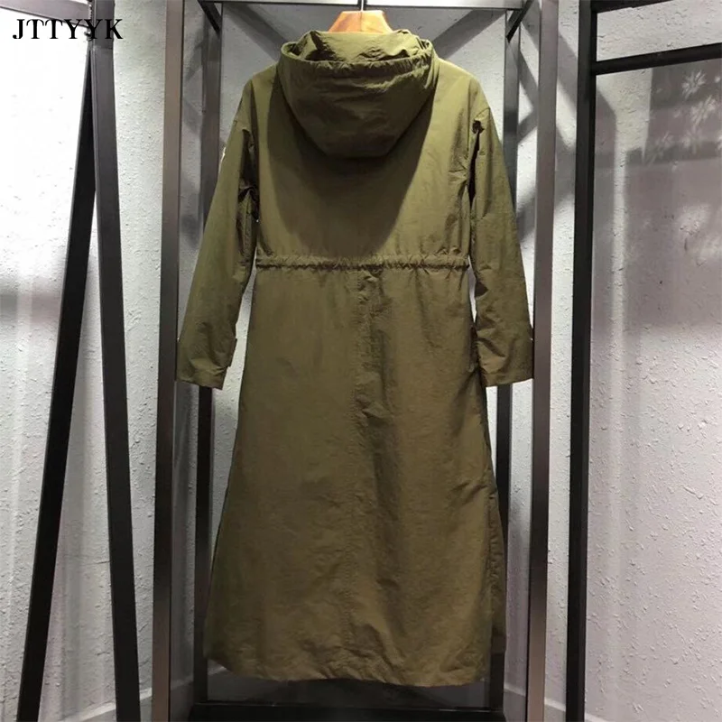 Женский Длинный плащ с капюшоном черный или зеленый тонкий повседневный