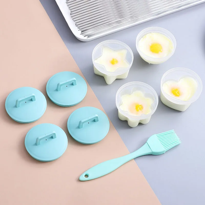 4Pcs/Set Cute Plastic Egg Boiler Kitchen Cooking Tools Egg Mold Form With Lid Brush