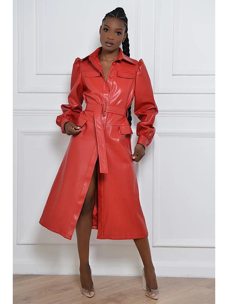 

2023 Autumn and Winter New Red Artificial Leather Women's Jacket PU Mid length Slim Fit Waist Leather Jacket Women's Winter Jack