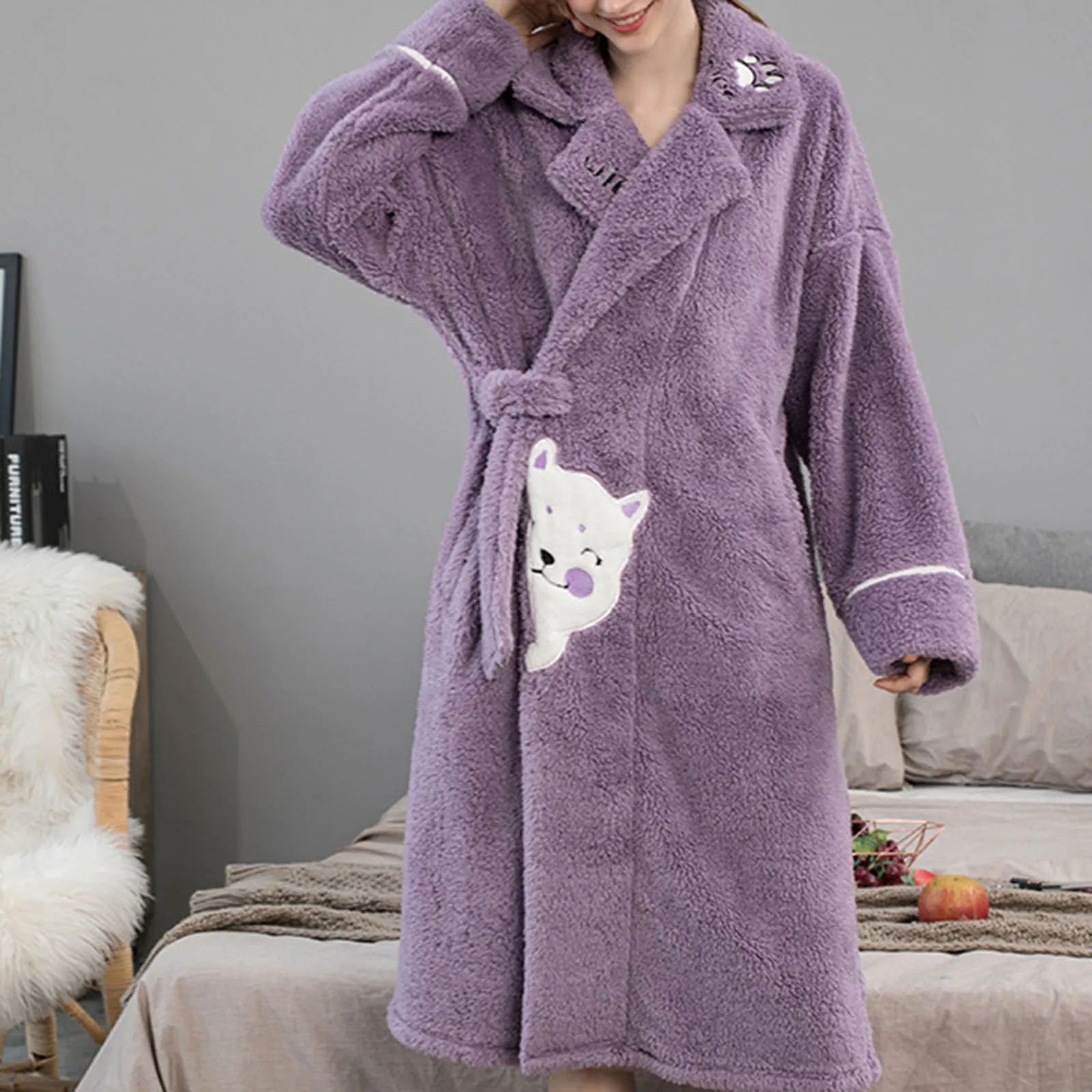 

Womens Fuzzy Bathrobe with Pockets Women Fleece Bathrobe h Short Robe Long Sleeve Robe Attached Belt Soft Satin Kimono Robes