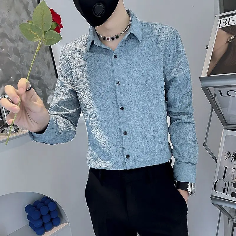 New autumn Korean version long-sleeved shirt men's handsome and slim trend pattern shirt high-end men's shirt