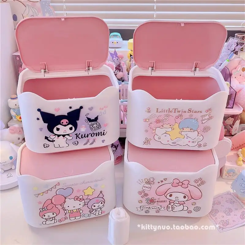 Kawaii Cinnamoroll Mymelody Kuromi Hellow Kittys Sanrio Plush Cartoon Cute Plastic Desktop Storage Box Trash Can Anime Girl Gift