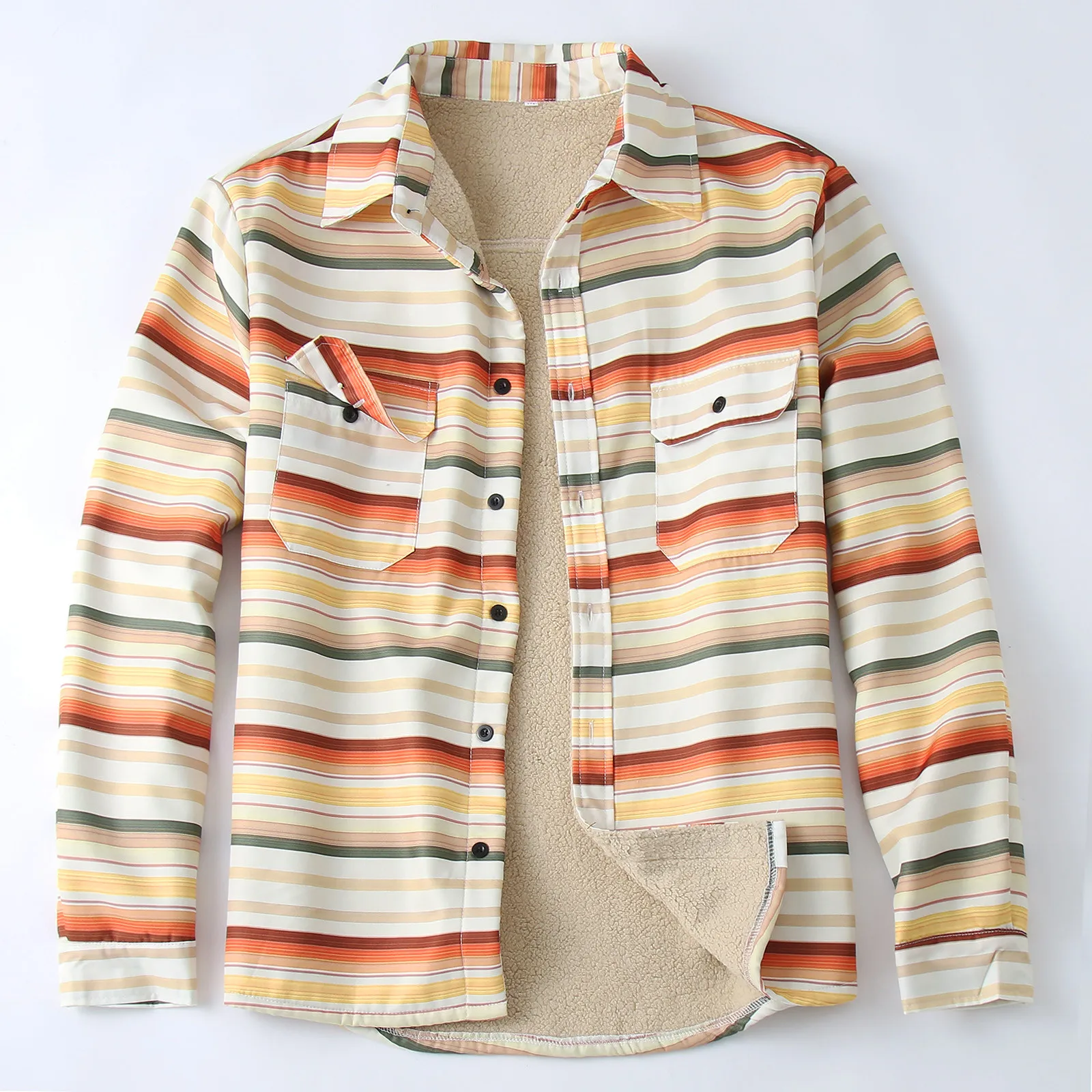 

2022 Men Casual Plush Striped Print Turn Down Collar Coat Long Sleeve Pocket Jacket Coat Winter Warm Super Comfy Daily Jackets