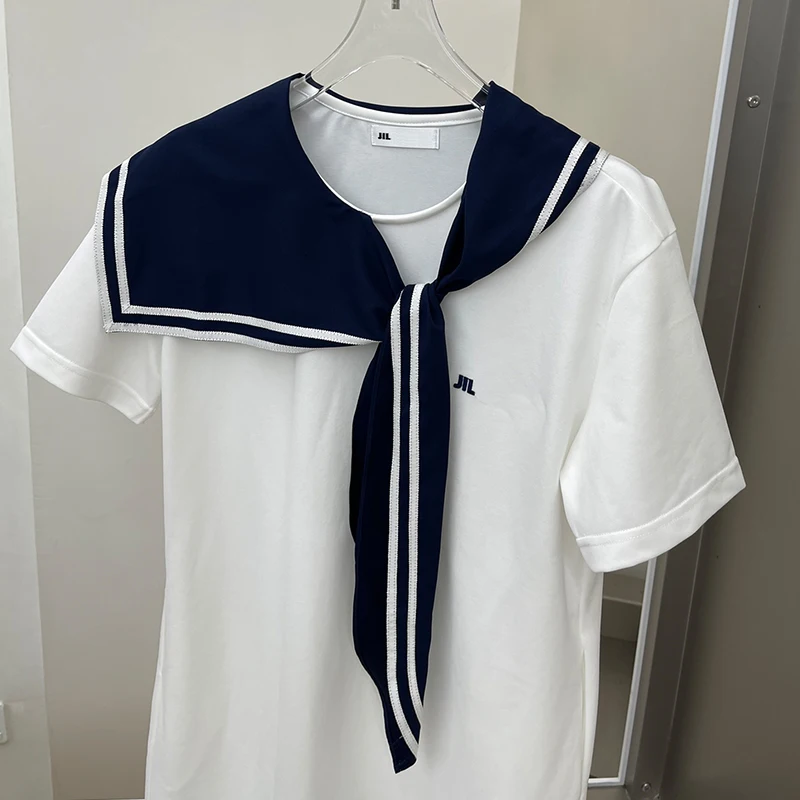 

22ss new Jil Navy scarf neck dress embroidered letter logo on the chest loose sander cotton college style short sleeve