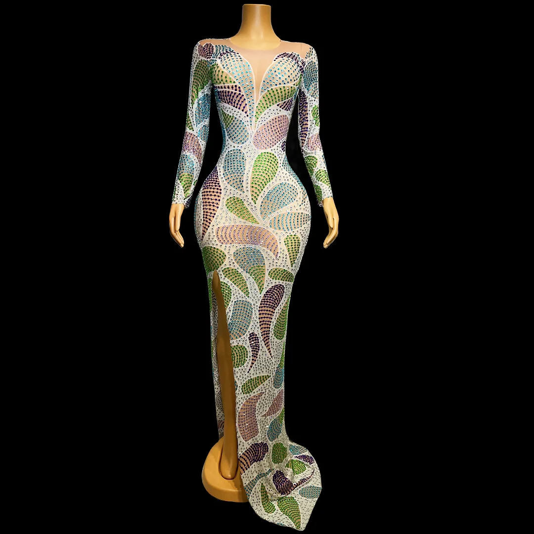 

Spiral Singer Hosting Model Water Diamond Elastic Mesh Wrap Hip Split Long Dress Stage Trail Dressing Female