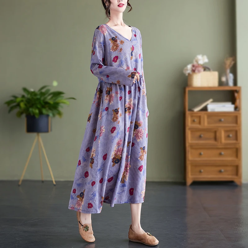 

Платье-миди женское хлопково-льняное с цветочным принтом и длинным рукавом