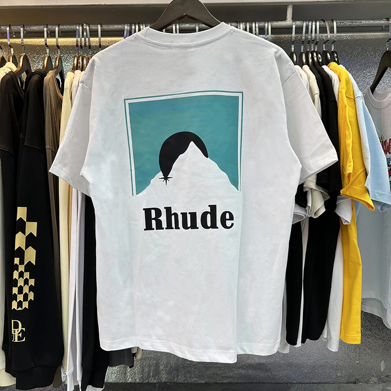 

Rhude T-shirt Blue Moon Letter Print RHUDE High Street Fashion Casual Loose Men Women Short Sleeve T Shirt Real Photo