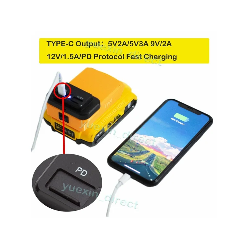 

USB-A QC PD Power Phone Charger Adapter For DeWALT 20V Max Lithium-ion Battery（Battery not included））