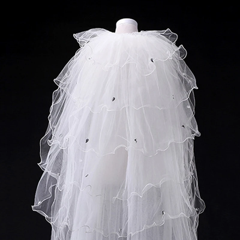 

X7YC Bridal Veil 10-Layer Curly Edge Rhinestones Decor Illusion Tulle Long Drop Cascade Veils for Bride Elegant Photo Props