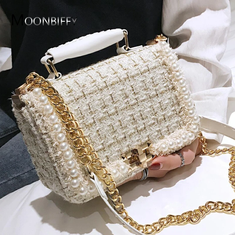 

2022 Winter Fashion New Female Square Tote Bag Quality Woolen Pearl Women Designer Handbag Ladies Chain Shoulder Crossbody Bag