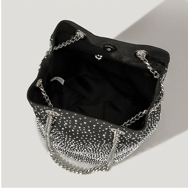 Rhinestone Dinner Bag Women's Retro Diamond Set Belt Bucket Bag Fashion Versatile Hot Diamond Shoulder Crossbody Bag Sac A Main