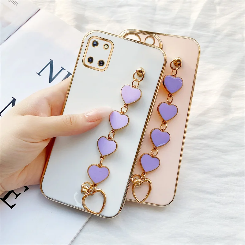 

Girls Purple Epoxy Love Heart Hanging Chain Case for Samsung Galaxy Note10 Lite Note 20 S20 FE S21 FE S22 S21 Plus S22 Ultra 5G