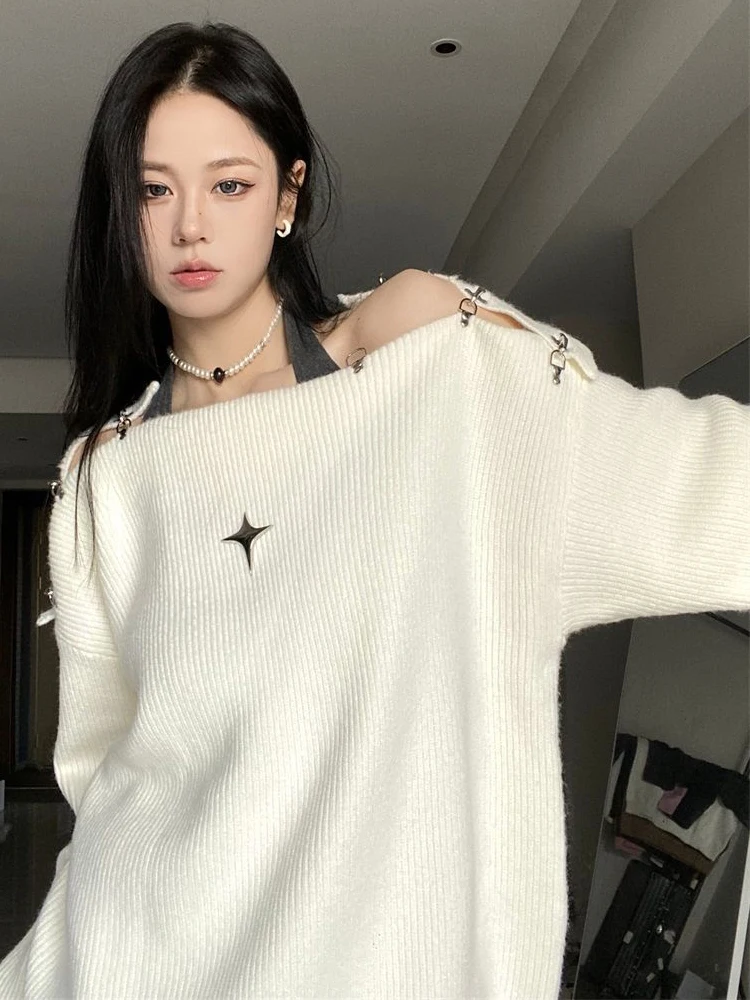 

Oversize Knitted Sweater Women Y2K Off Shoulder Pullover Female Autumn Winter Loose Jumper Ladies Casual Slash Neck Sweater