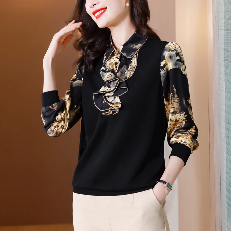 

Chiffon Loose Women's Shirts New Fashion Blouses Splicing Polo Collar Shirt Spring Casual Long Sleeve Blusas Houthion
