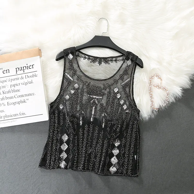 

Women Waistcoat Bright Silk 3D Beaded Vest Sequined Lace Sleeveless Shirts Slim Tank O-neck Gauze Tops Camisas Mujer