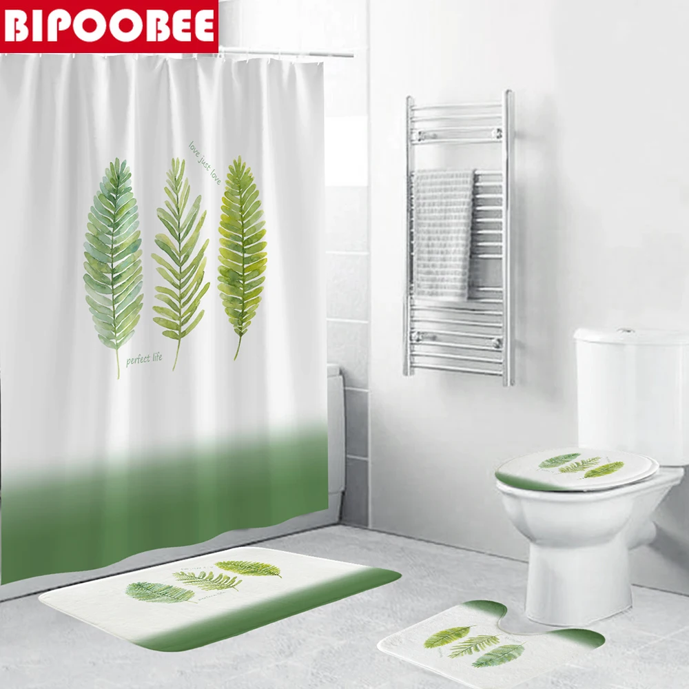 

Three Green Leaves Print Fabric Shower Curtain Waterproof Polyester Bathroom Curtains Pedestal Rug Lid Toilet Cover Bath Mat Set