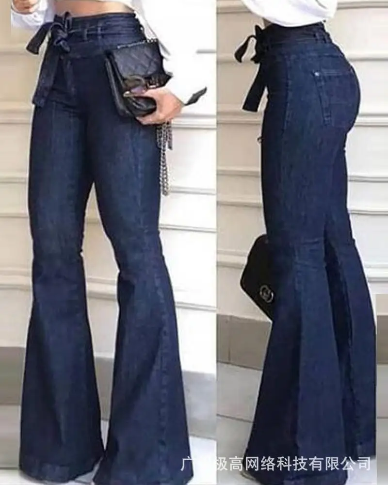 

Women Spring Summer High Waist Flared Leg Jeans Solid Color Fashion Full Length Denim Pants Trousers Jeans Sashes