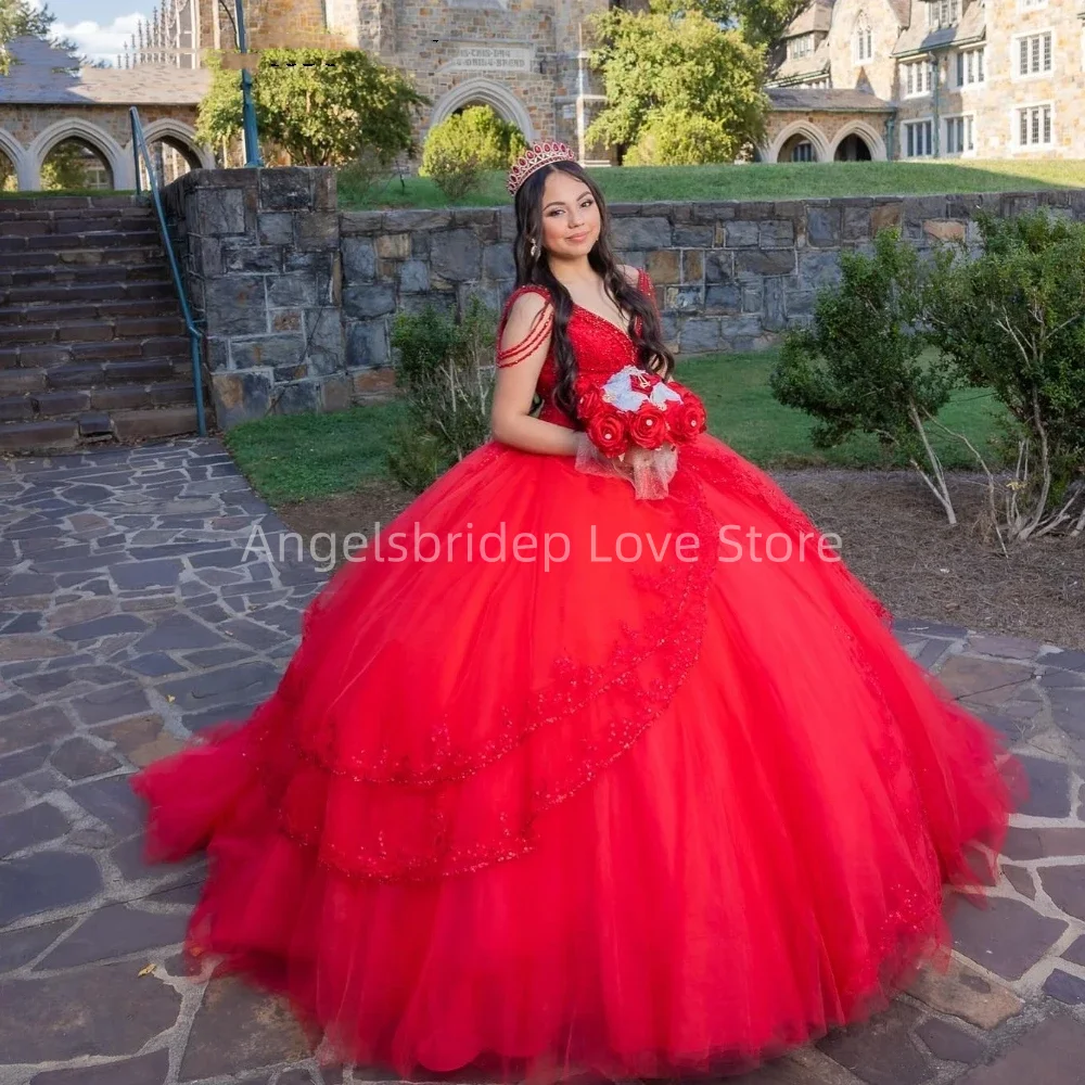 Angelsbridep Customized Red Ball Gown Quinnceanera Dresses For 15 Years Lace Appliques Off Shoulder Party Vestidos De Fiesta