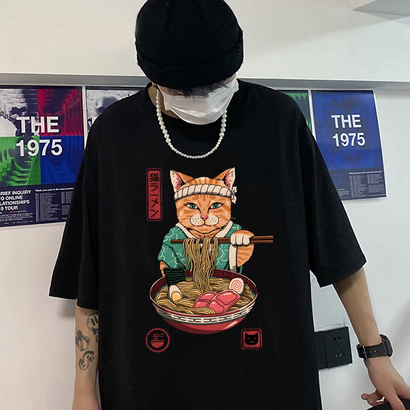 

100% Cotton Tee Samurai Cat Tshirt Mens Graphic T-shirt Male Casual Summer Tee-shirt Japanese Vintage Clothing Animal Print Tops