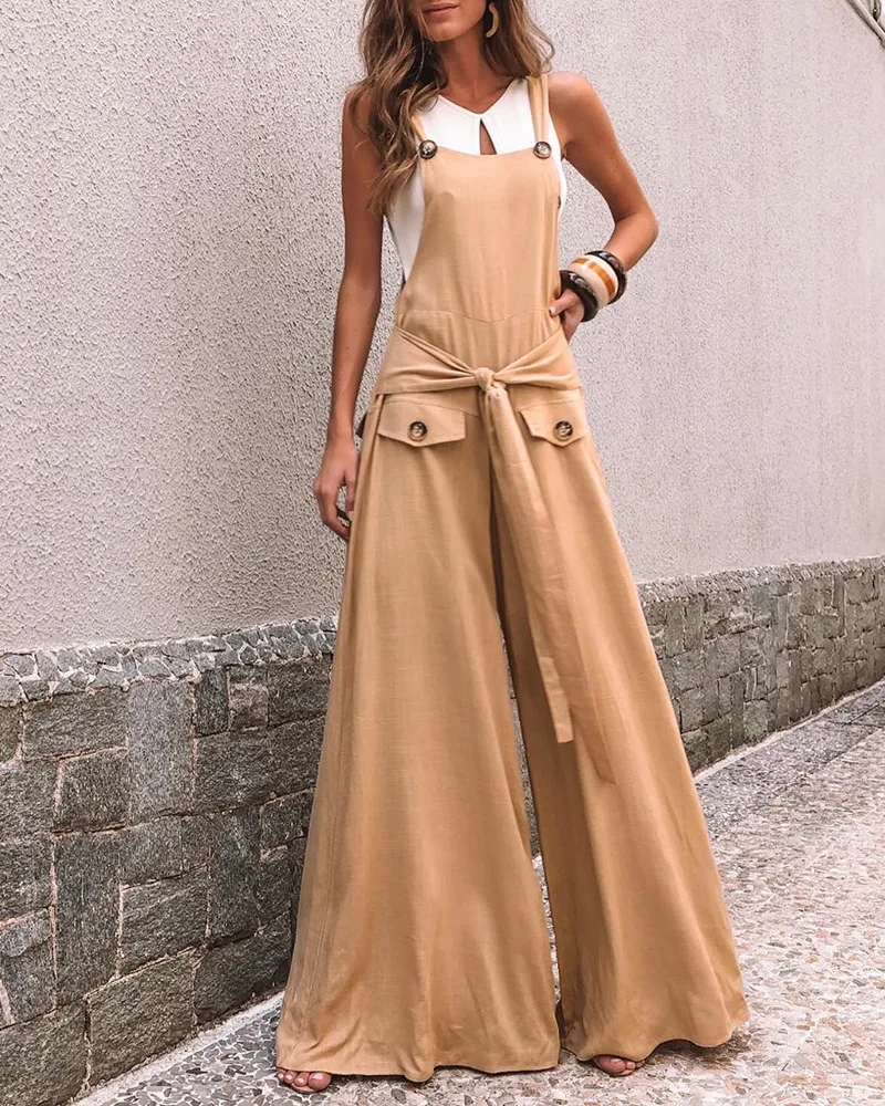 

Women Jumpsuit Fashion Loose High Waist Sleeveless Bib Solid Color Casual Temperament Lace-up Pocket Flared Trousers